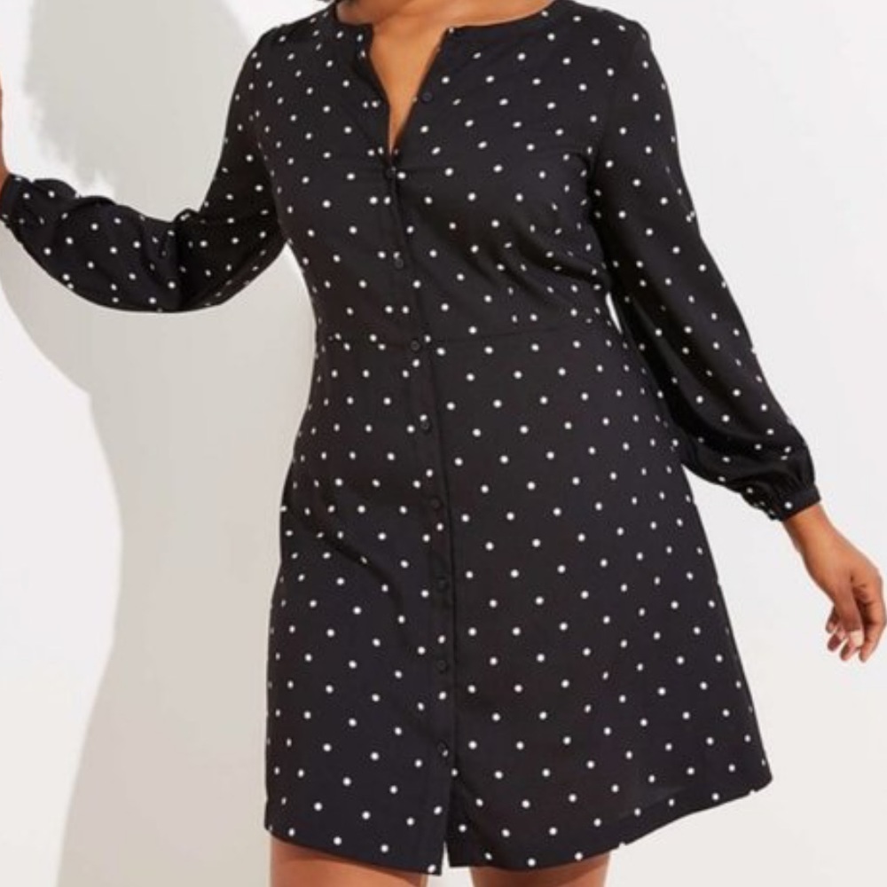 black plus dress with white polka dots